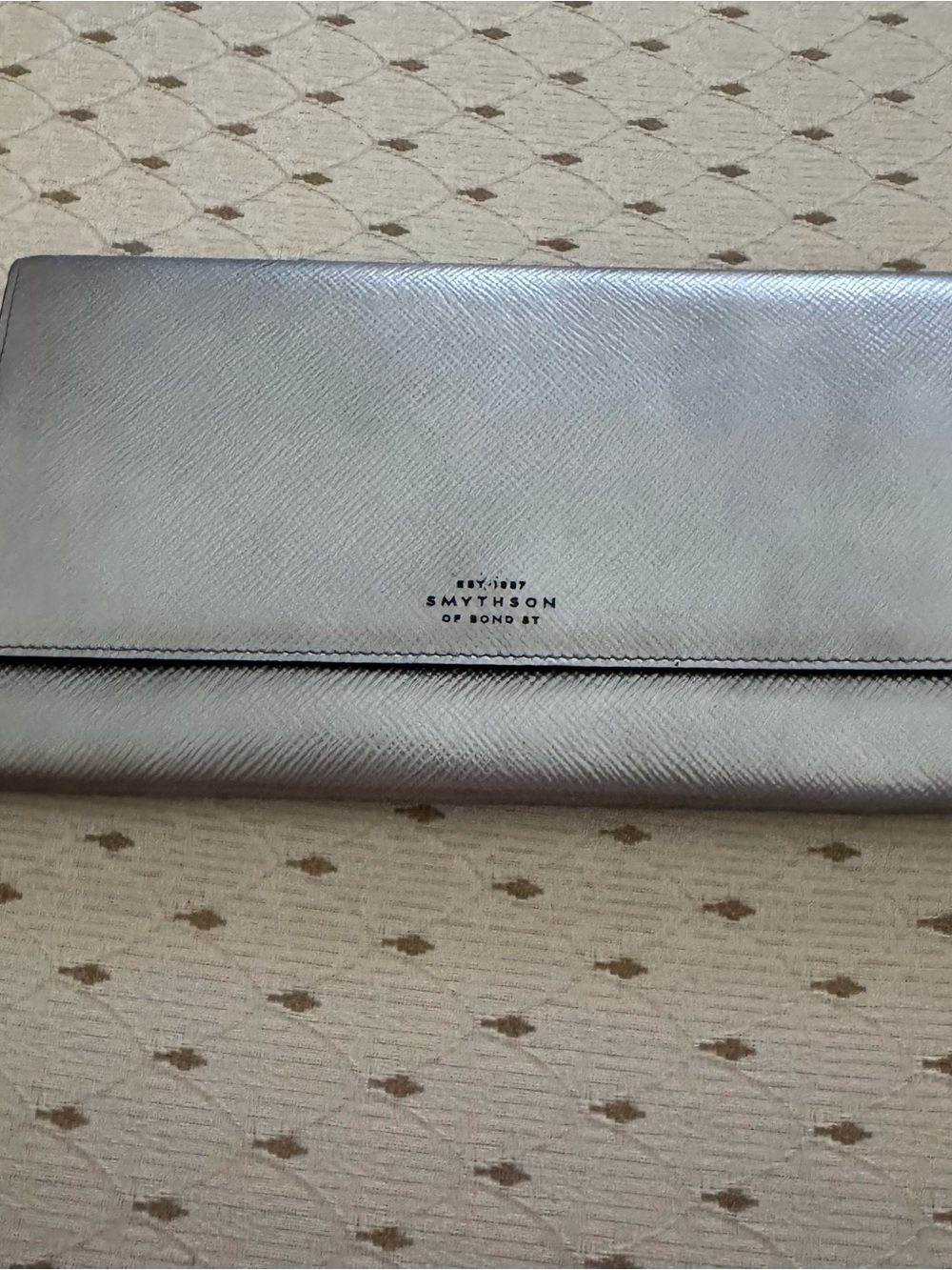 Smythson Metallic Silver Foldover Wristlet Clutch travel wallet